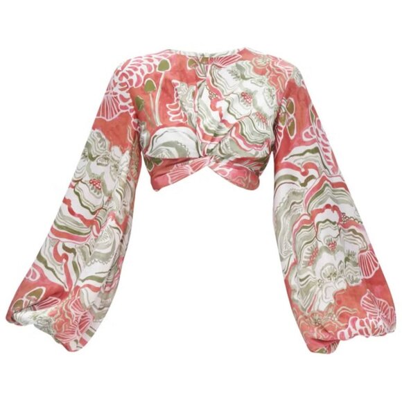 Andrea Iyamah Behati Crop Top Coral Green Balloon Sleeves - Picture 1 of 12